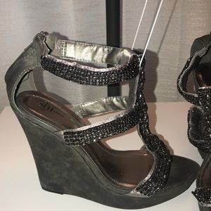 Grey Suede & Micro Chain Link Wedge Sandals
